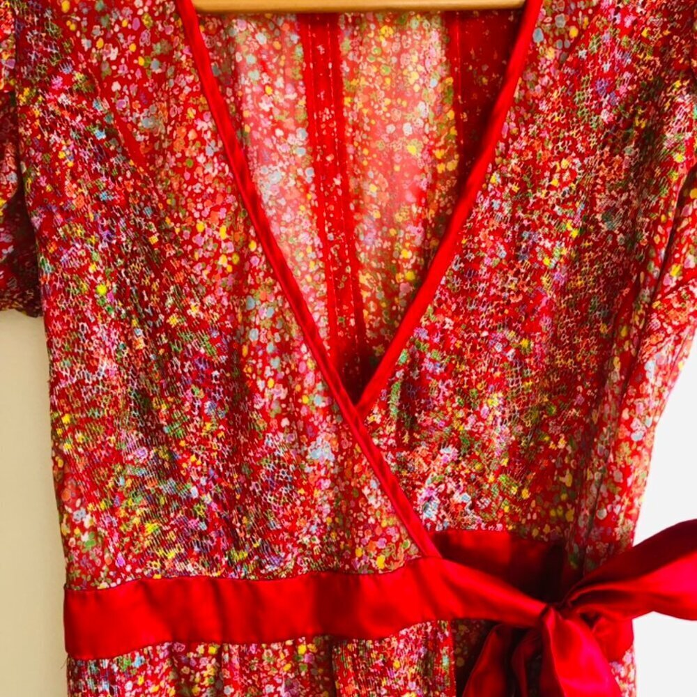 Gorgeous Light Sheer Wrap Dress with Satin Trim and Bow - Picture 3 of 16